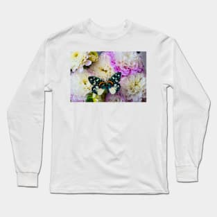 Butterfly On White And Purple Dahlias Long Sleeve T-Shirt